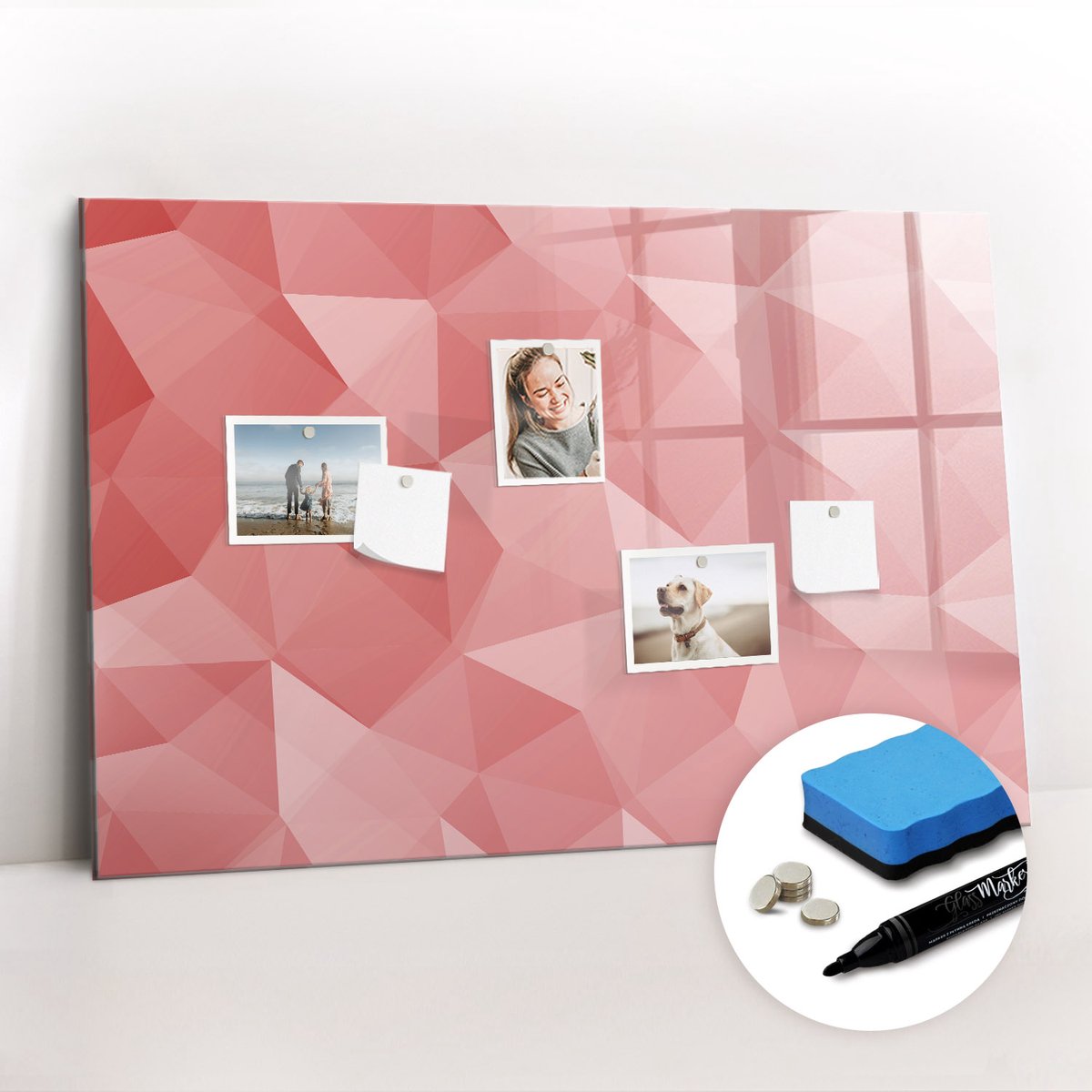 Tulup Whitebord - Abstracte geometrische driehoeken - 90 x 60 cm - Rood Memo Bord - Gratis 5 Sterke Magneten + Whiteboard Marker & Wisser - Decoratief Magnetisch Bord - Magnetisch Memobord - Inspiratiebord Kantoor