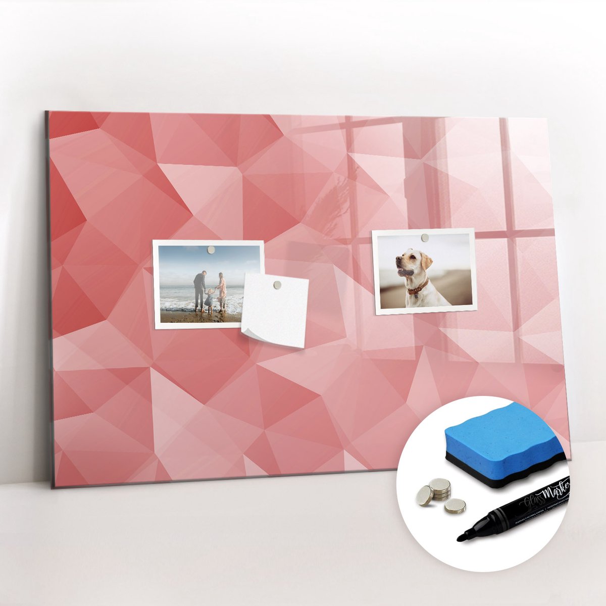 Tulup Whitebord - Abstracte geometrische driehoeken - 60 x 40 cm - Rood Memobord Keuken - Gratis 5 Sterke Magneten + Whiteboard Marker & Wisser - Interieur Accessoires Kantoor - Magnetisch Bord Kind - Inspiratiebord Kantoor