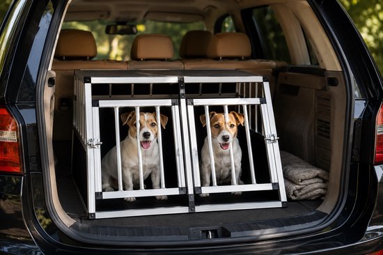 Twee honden in een zwarte en aluminium hondenbench met dubbele deuren, in de kofferbak van een auto.