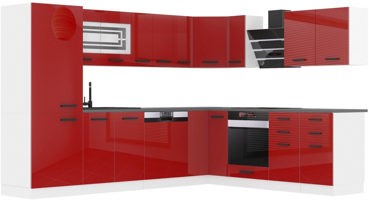 BELINI L-Vorm Keukenblok JULIE - Keukenmeubel Set 460 cm Rood Hoogglans zonder Werkbladen - Boven- en Onderkasten