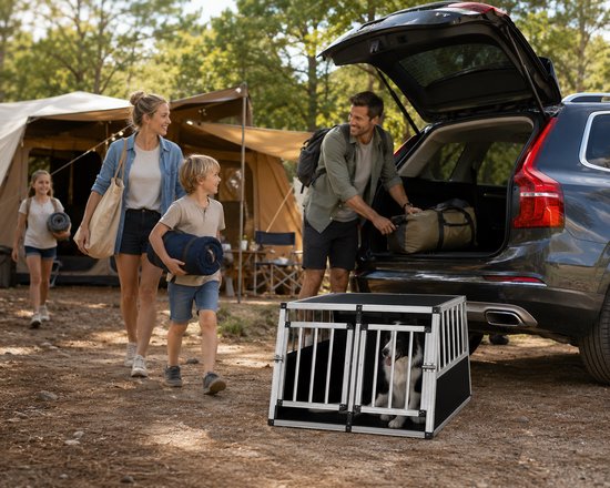Familie laadt een hond in een zwarte en aluminium hondenbench bij een auto op de camping.