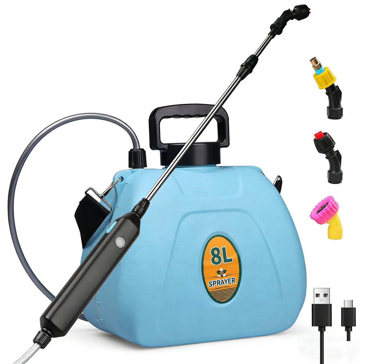 Draadloze elektrische rugspuit van 8 L met telescopische lans en 3 spuitmonden voor tuinonderhoud, ontsmetting en reiniging van terrassen en voertuigen