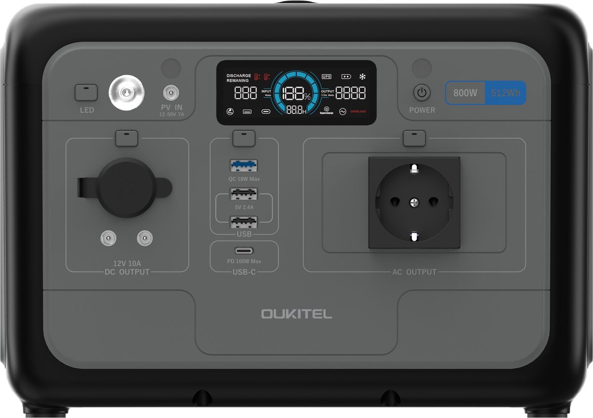 Oukitel P800 -Power Station - 800W – 512Wh LiFePO4 – Zuivere Sinusgolf – Supersnel Opladen – UPS Functie – Kamperen & Noodstroom – 6,0 kg – 1 Stuk – Grijs/Zwart