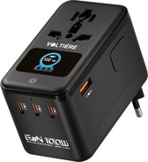 Voltière Wereldstekker 100W met Smart Display Incl. Travel Etui - Universele reisstekker voor 200+ Landen - Snellader voor Laptop & Telefoon - Reisstekker Wereld: Amerika (USA), Engeland (UK), Australië (AUS) & Europa (EU)