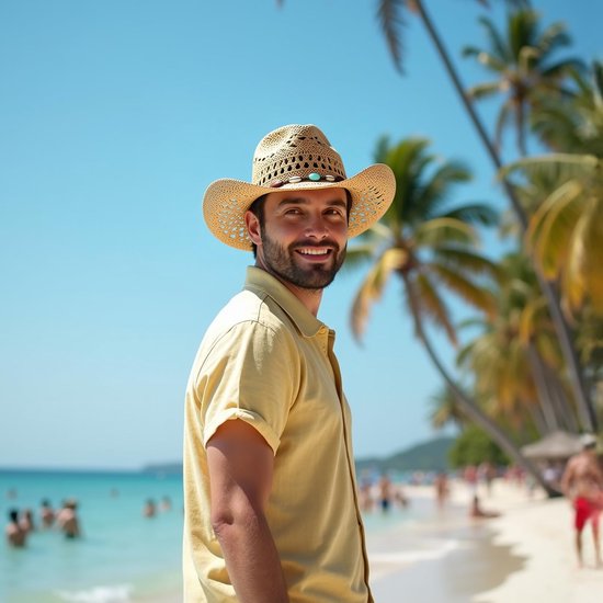 Een man met een strooien cowboyhoed en een geel shirt op het strand.
