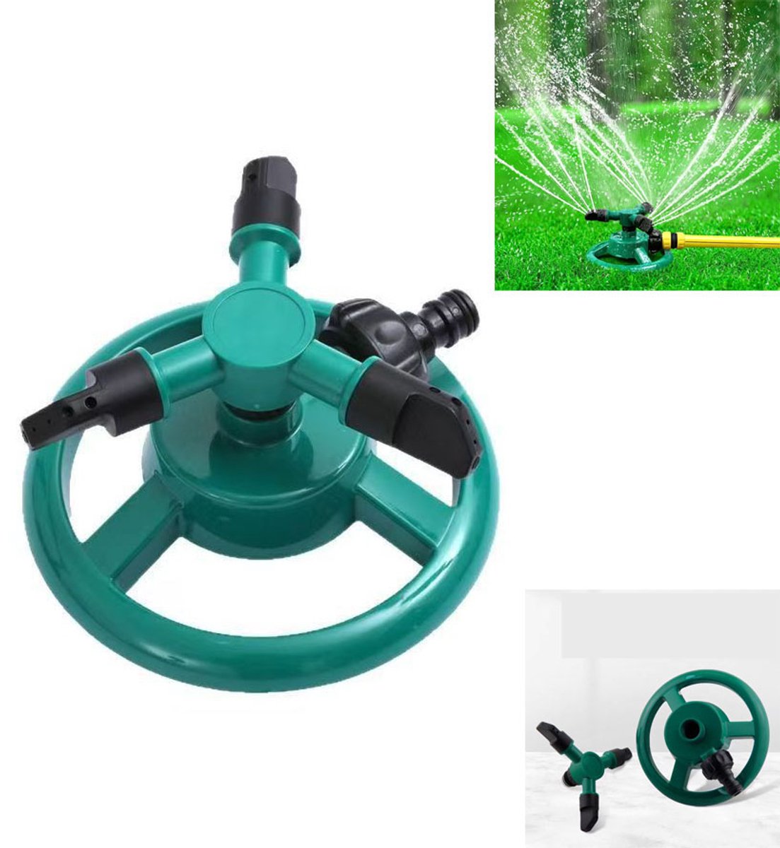 360° draaibare gazonsproeier - Tuinsproeier - Irrigatiemondstuk - Roterende sproeier - Sproeier - 15x15x8,5 cm - Vier uitgangen per sproeikop - Geschikt voor gazonirrigatie, koeling van tuinhuisjes en landbouwgrondirrigatie - Groen