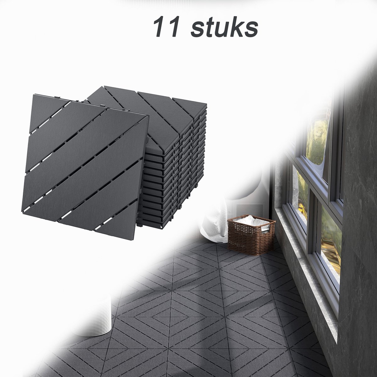 11x WPC Kliktegels 30x30 cm - Terrastegels voor Balkon, Tuin & Terras - Houtlook - Antislip - Weerbestendig - Diagonaal Patroon - Anthraciet