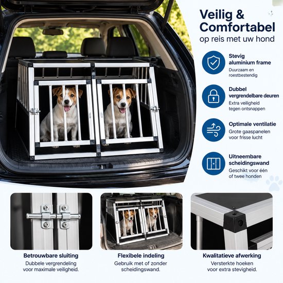 Zwarte en aluminium hondenbench met dubbele deuren en scheidingswand, twee honden in de auto.