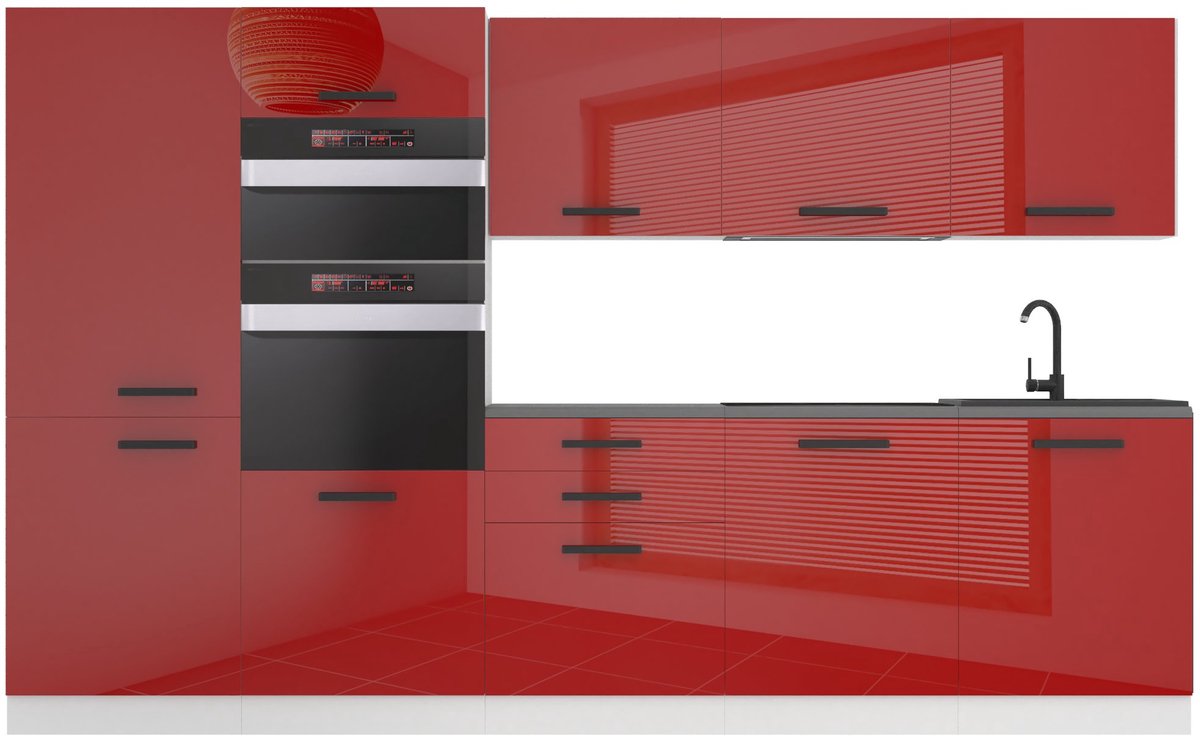 BELINI Keukenblok GRACE - Keukenmeubel Set 300 cm Rood Hoogglans zonder Werkbladen - Boven- en Onderkasten