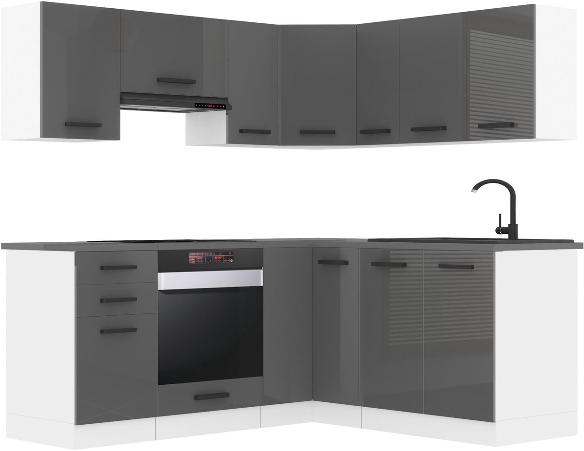 BELINI L-Vorm Keukenblok SARAH - Keukenmeubel Set 320 cm Zilver Hoogglans met Werkbladen - Boven- en Onderkasten