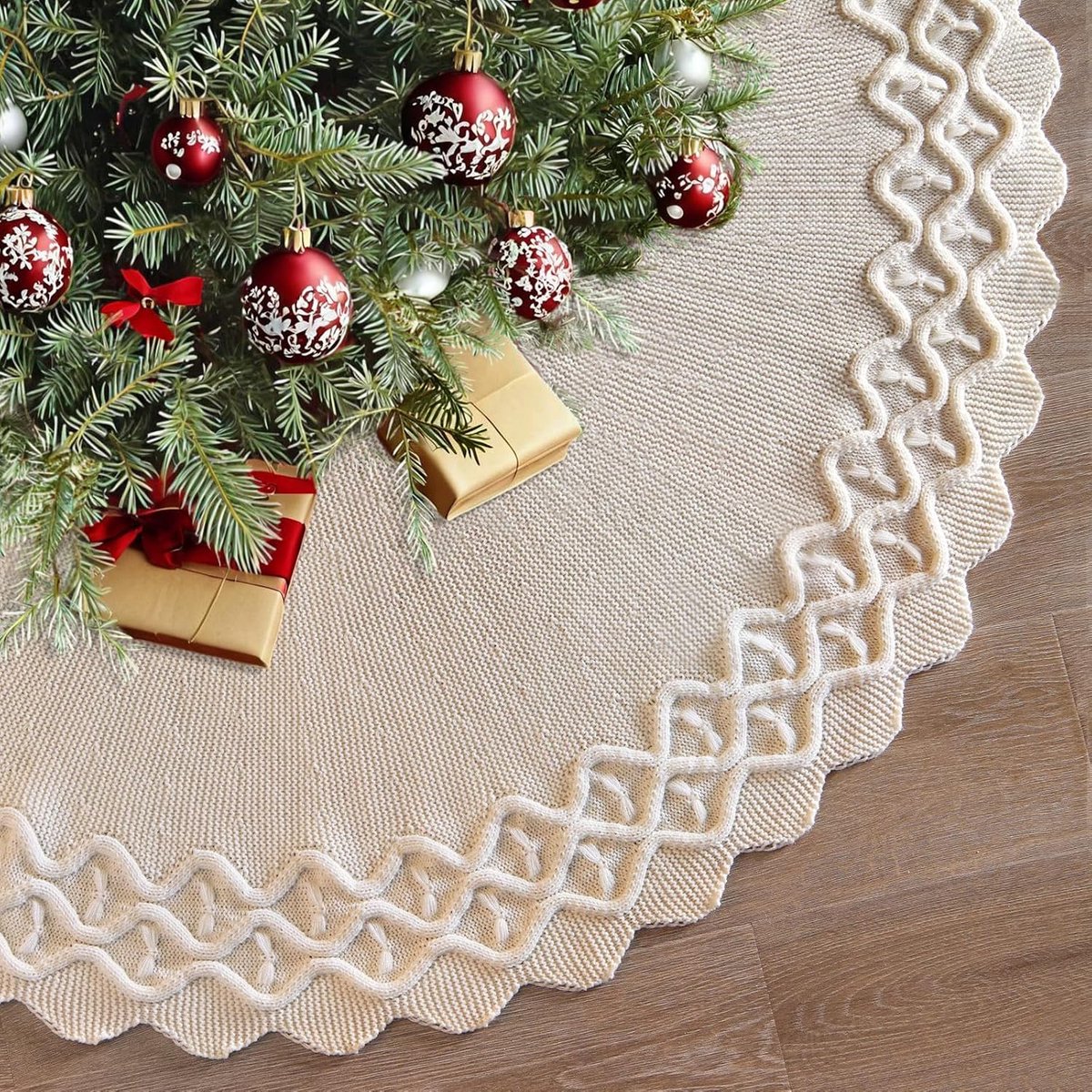 Kerstsok 122cm - Witte kabelgebreide kerstboomrok - Rustieke 3D geweven mat - Perfect voor kerstdecoratie - ShopVlot