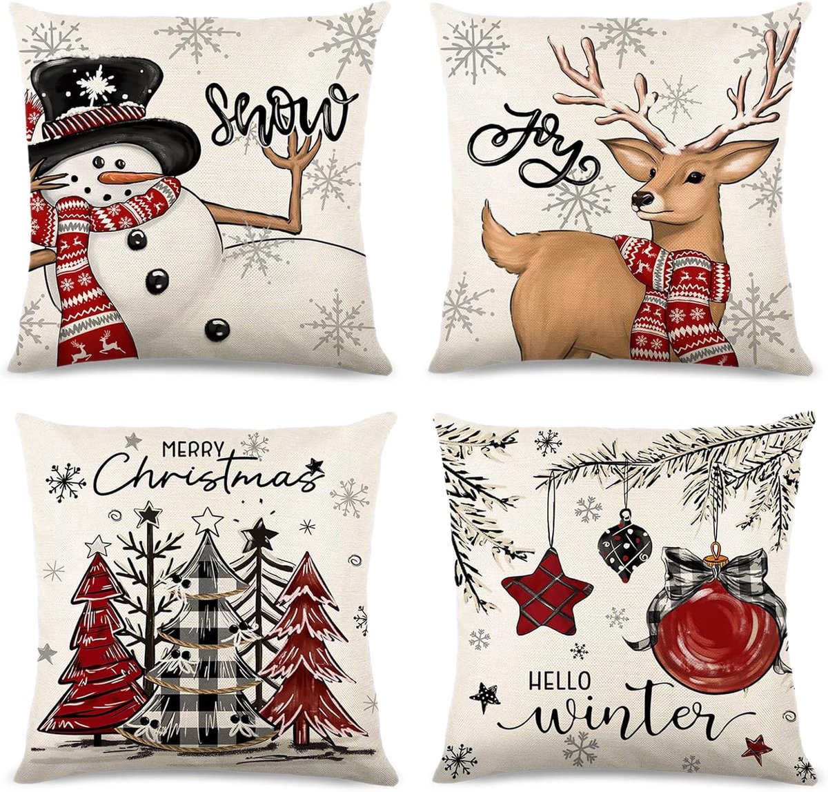 Set of 4 Pillow Cases Christmas 45 x 45 cm, Christmas Linen Look Pillow Cases with Christmas Tree Deer Pattern Red for - ShopVlot