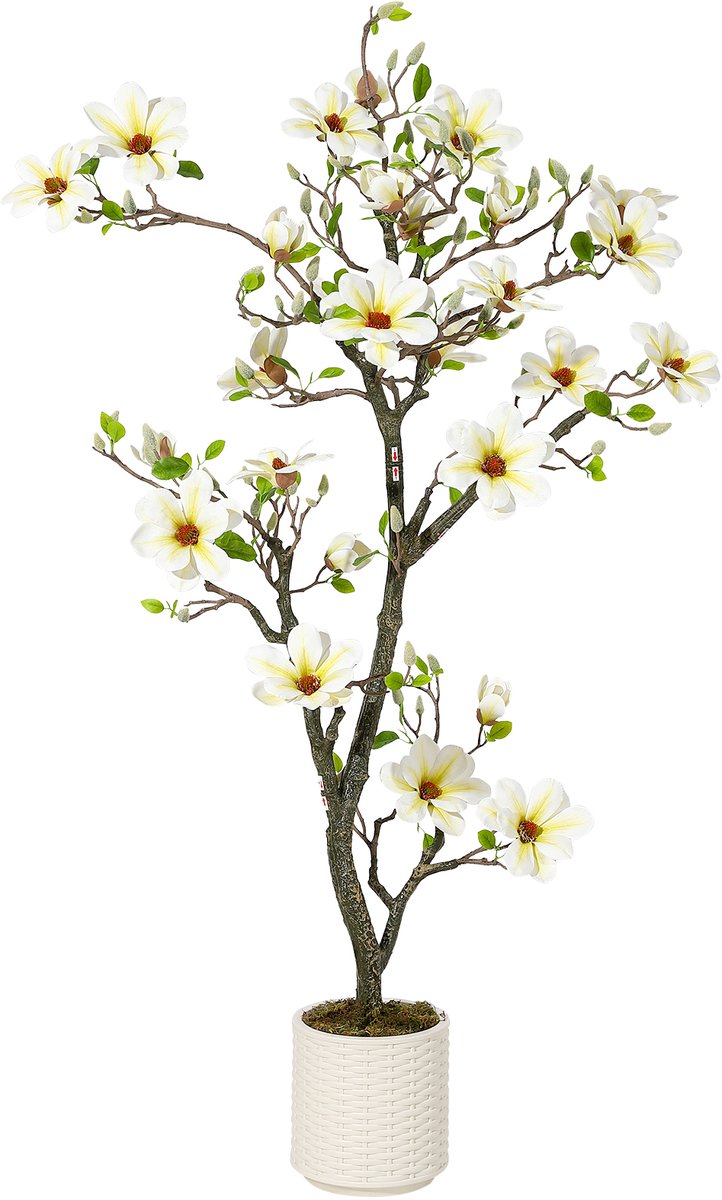 150cm Kunstmagnoliaboom – kunstplant met levensechte bloemen, heldere bladeren, aanpasbare kleine takken, decoratief mos en witte pot – decoratie voor binnen en buiten
