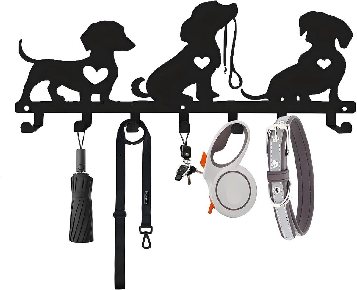 SnelShoppen - Moderne Metalen Sleutelhanger, Drie Hond Sleutelhangers, Sleutelhouder voor Hal met 7 Haakjes, Muur Sleutelbord, Sleutelopslag voor Keuk