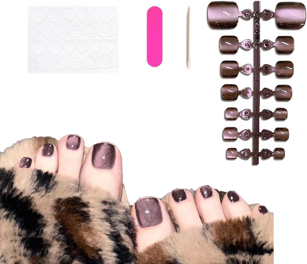 SnelShoppen - 14 Stuks Kristal Kat Oog Druk Teen Nagels Glanzend Bruin Gradiënt Vierkante Nep Teen Nagels Medium Franse Nagels Vals Nagels voor Vrouwe