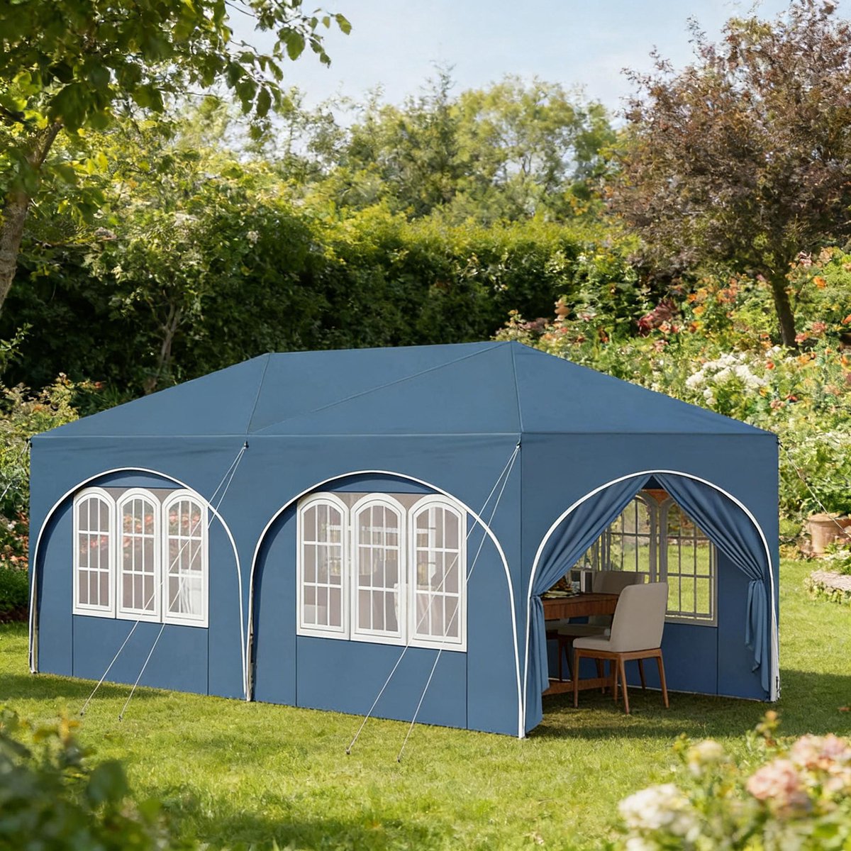 WOLTU Partytent 583 X 293 X 265 Cm Opvouwbaar Met 6 Zijwanden Waterbestendig Metaal Blauw Voor Tuin Feesten En Evenementen