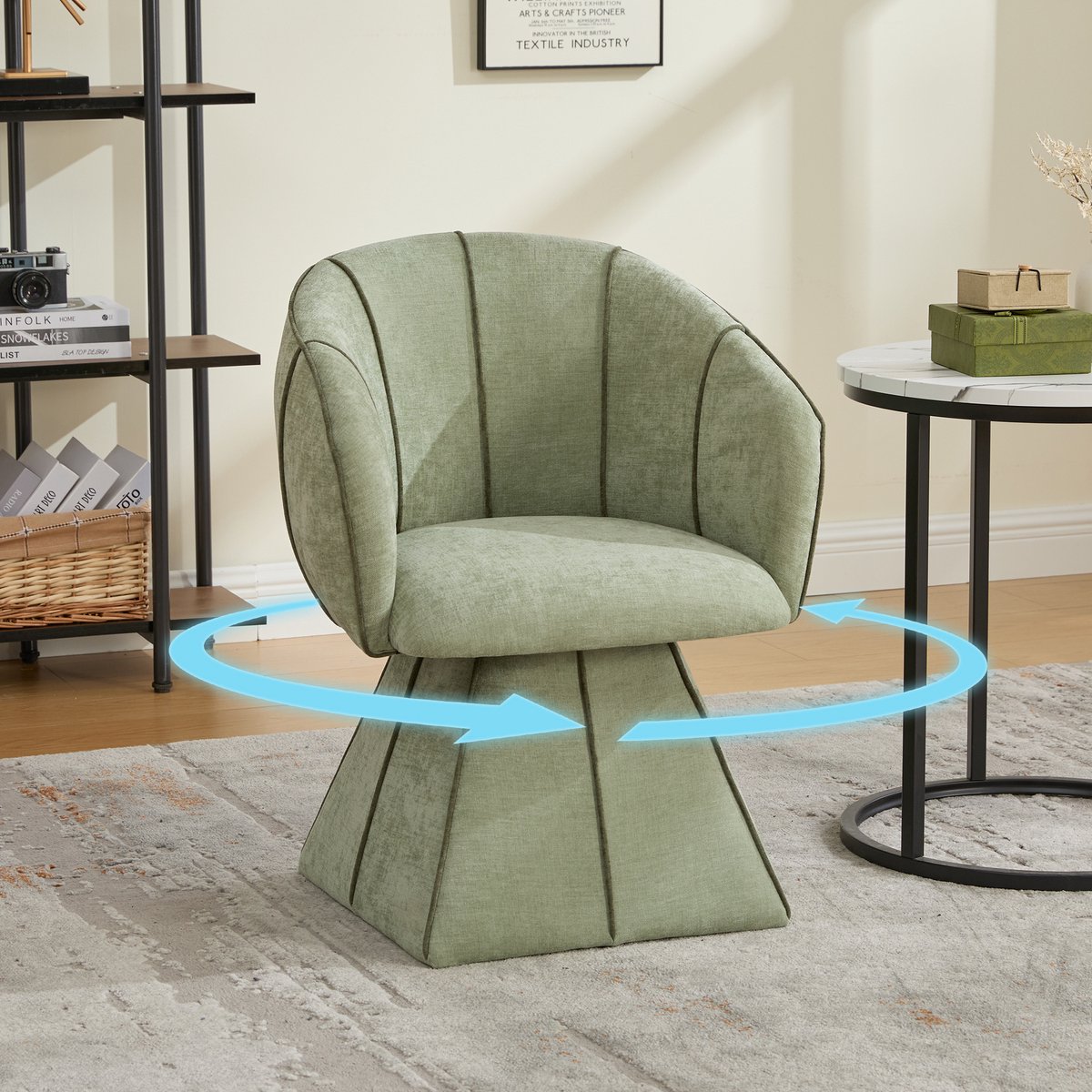 DESMIU Fauteuil – Olijf Groene Chenille Draaistoel – Ergonomisch Met Hoge Rugleuning En Armleuningen – Voor Slaapkamer En Woonkamer – Stof – Olijfgroen