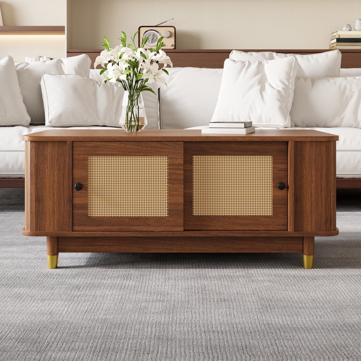 DESMIU Salontafel - Rotan Schuifdeuren Met Opbergruimte En Afgeronde Hoeken - Voor Woonkamer - MDF In Walnootkleur - 100x50x42 Cm