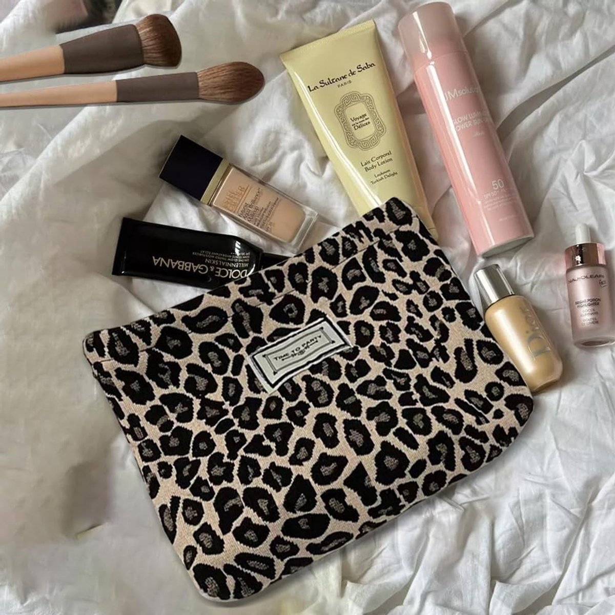 SnelShoppen - Dames Cosmetica Tas Met Trekkoord en Rits 26 x 18 x 2 cm Make-up Tas Reis Toilettas Organiser Luipaardpatroon Voor Vrouwen Meisjes