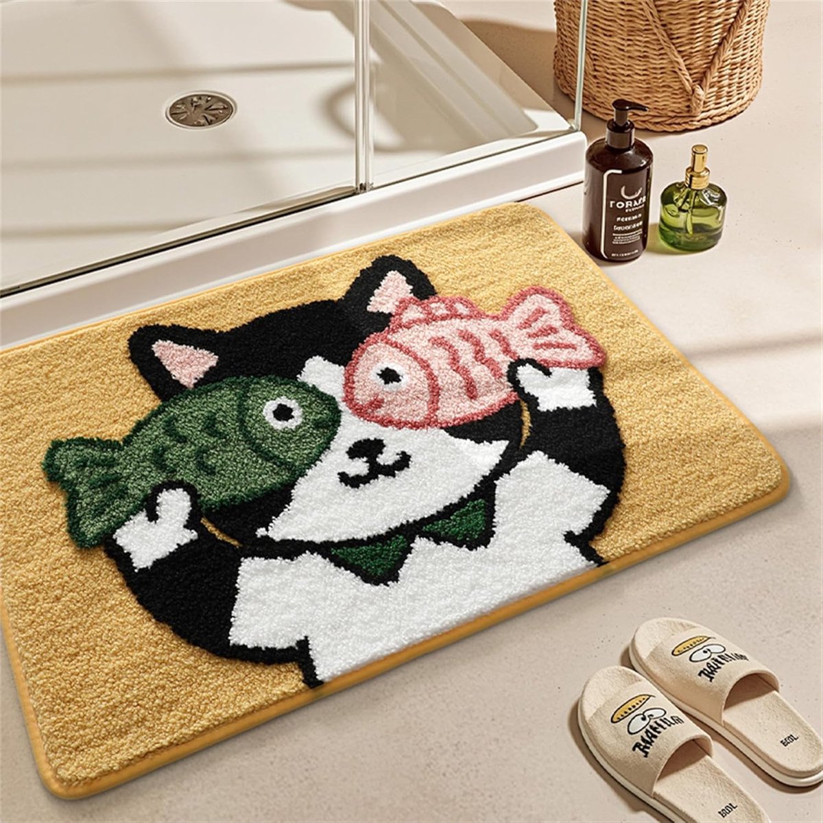 Badmat Kat met Vis 50x80cm - Zacht Polyester - Absorberend - Speelse decoratie voor badkamer - ShopVlot