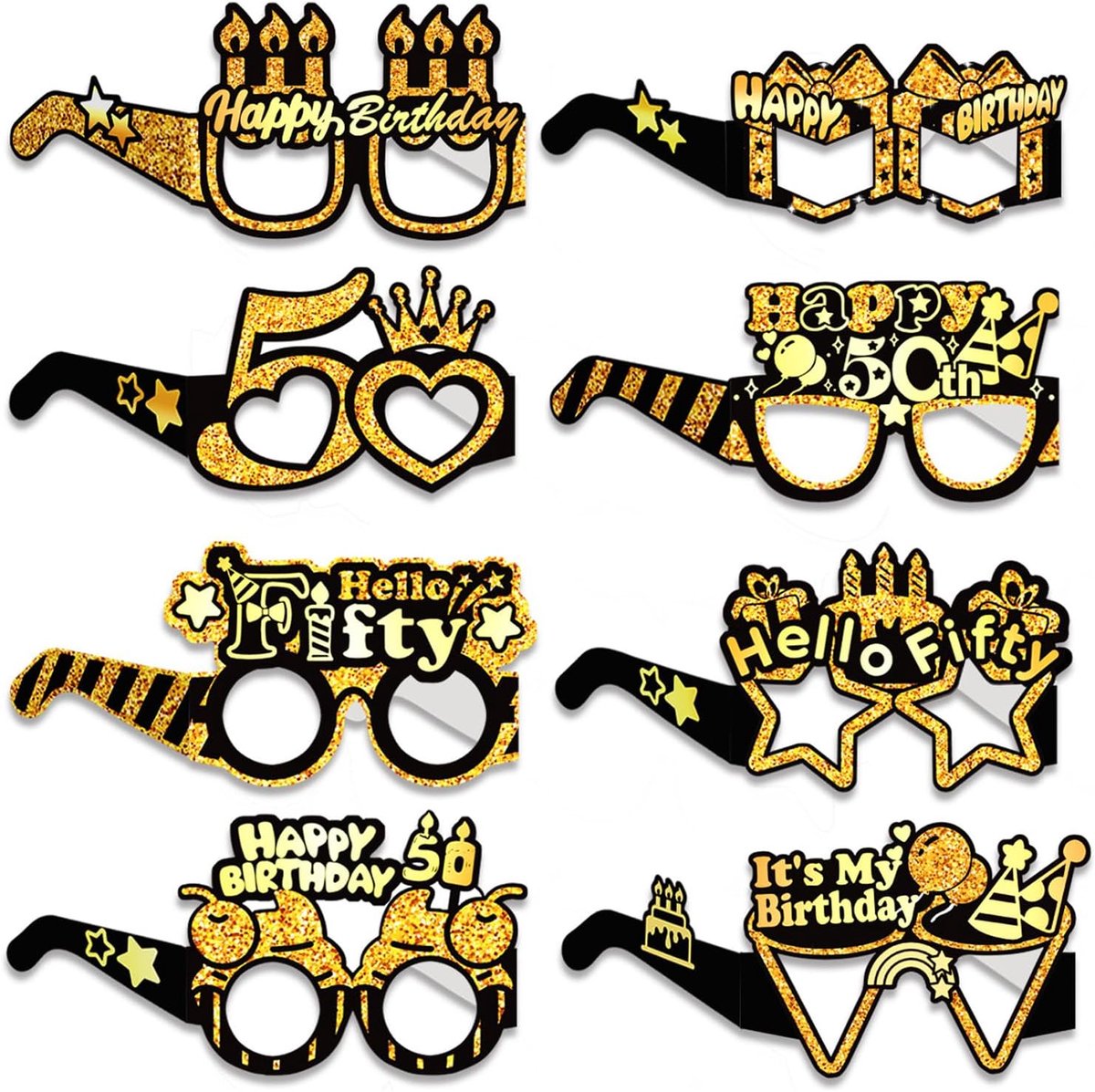 SnelShoppen - 8 Stuks Verjaardagsfeest Zonnebrillen, 50ste Verjaardag Papieren Zonnebrillen Decoratie, Grappige Zwart Gouden Verjaardag Zonnebrillen,