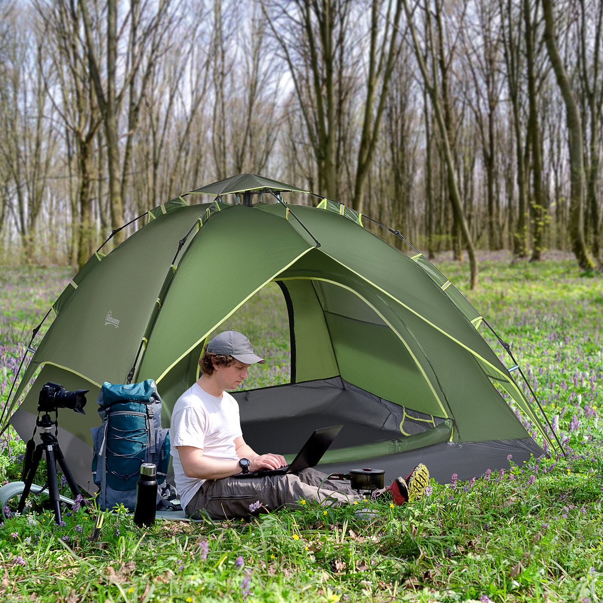 DESMIU Tent – Quick Up Opbouw – 210 x 210 x 140 cm – Polyester – Donkergroen – Koepeltent Voor 3 Personen – Vierseizoenen