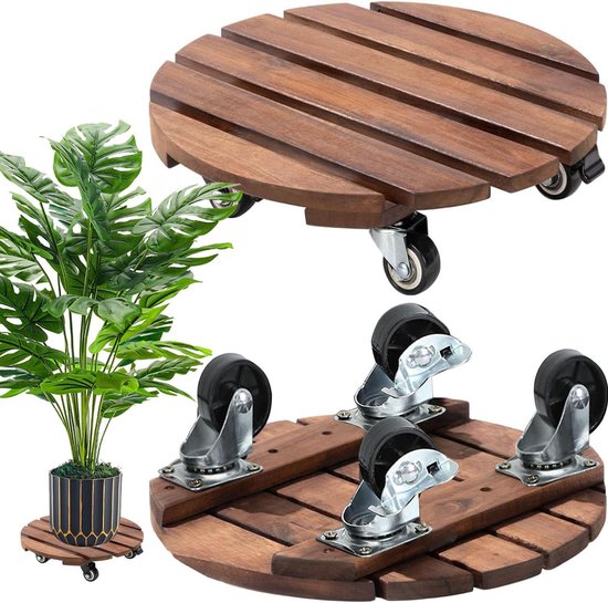 SnelShoppen - Pack van 2 Ronde Plantrollers 30 cm Houten Bloempotten Roller met 360° Vergrendelbare Wielen Zware Kwaliteit Weerbestendig Donkerbruin