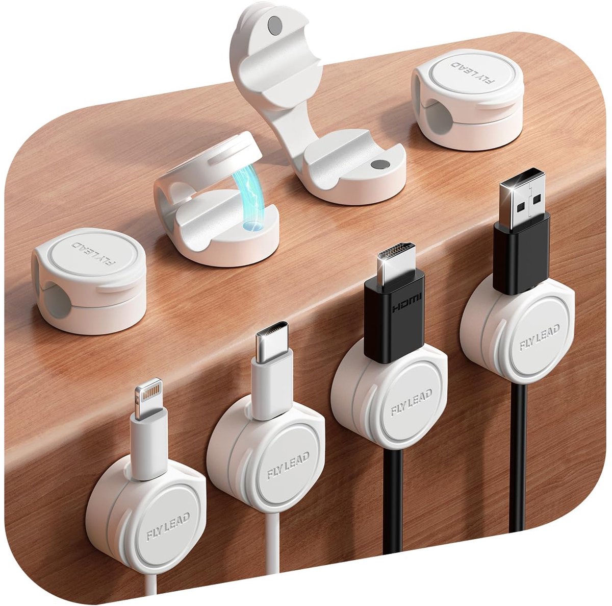 SnelShoppen - 8-delige Silicone Kabelhouders, Magneet Kabelclips, Zelfklevende Kabelbeheer, Bureau Organizer voor Bedside Tafel, Oplaadkabel, HDMI, US
