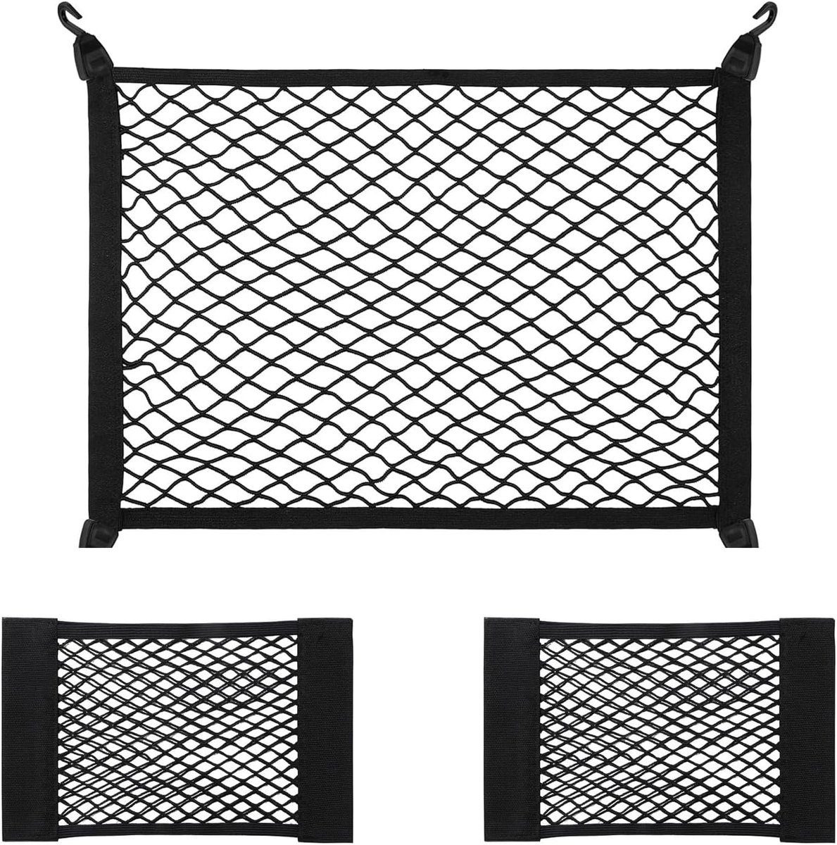 SnelShoppen - Kofferbaknet 2 Stuks - Elastisch Opbergnet voor Auto - Kofferbaknet met Haken en Klittenbandsluiting - 50x25 cm en 60x40 cm - Geschikt v