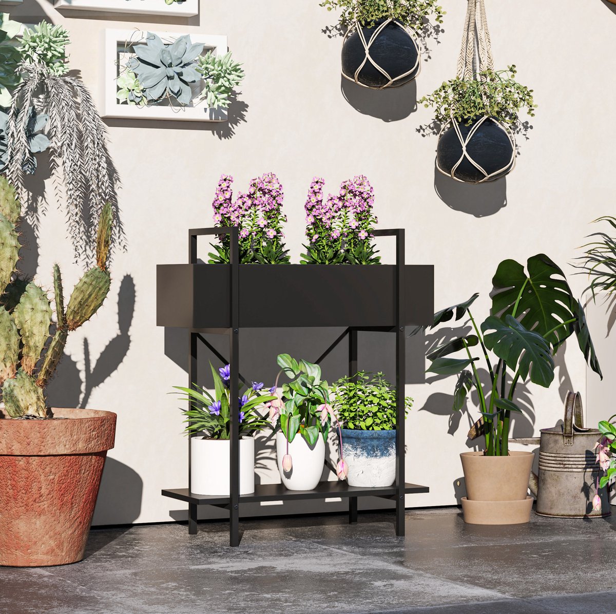 COVREO Plantenstandaard 60 x 25 x 70 cm zwart, van metaal met 2 niveaus