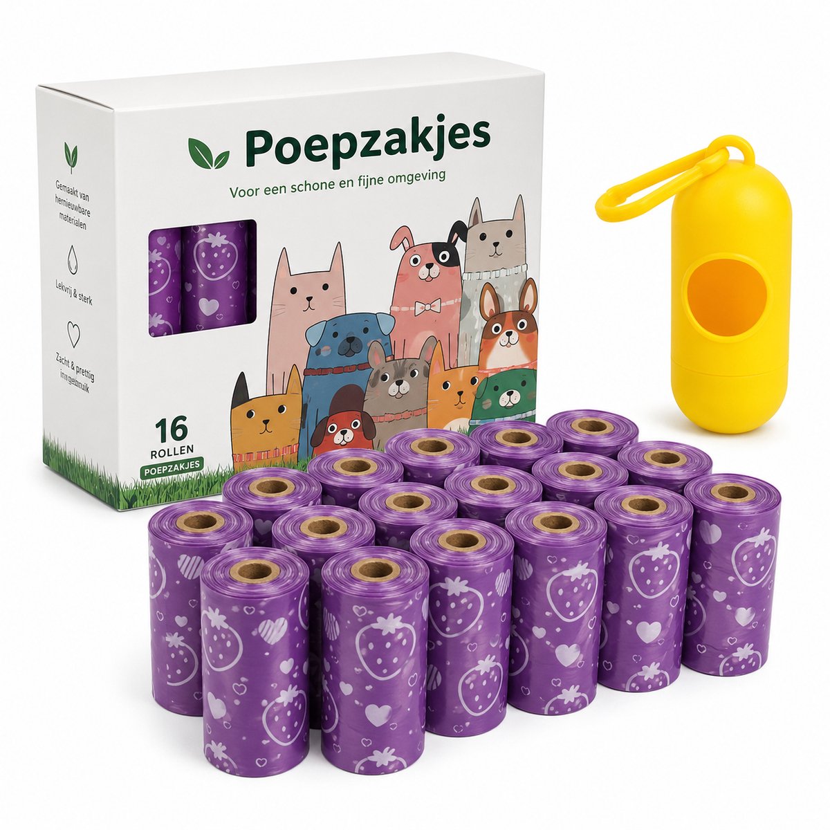 Gloovon® Hondenpoepzakjes met Dispenser - Sterk & Lekbestendig - HDPE Poepzakjes Rol met Clip - Paars - 16 Rollen / 240 Stuks