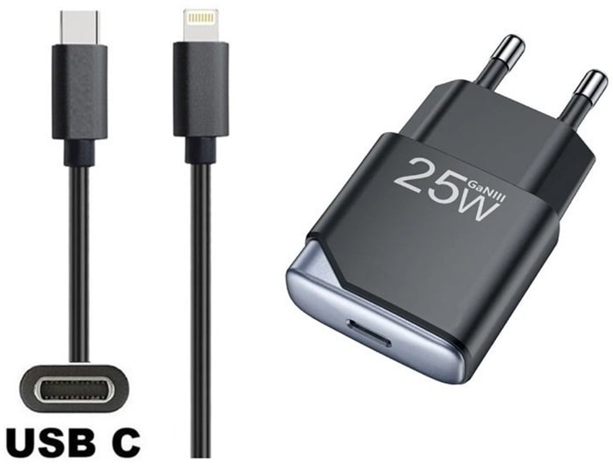 OneOne 25W super snellader en screenprotector van glas voor iPhone 12 + 1,0m sterke USB C naar Lightning kabel. GaN lader. PD PPS oplader adapter. Glazen screenprotector past op Apple iPhone 12