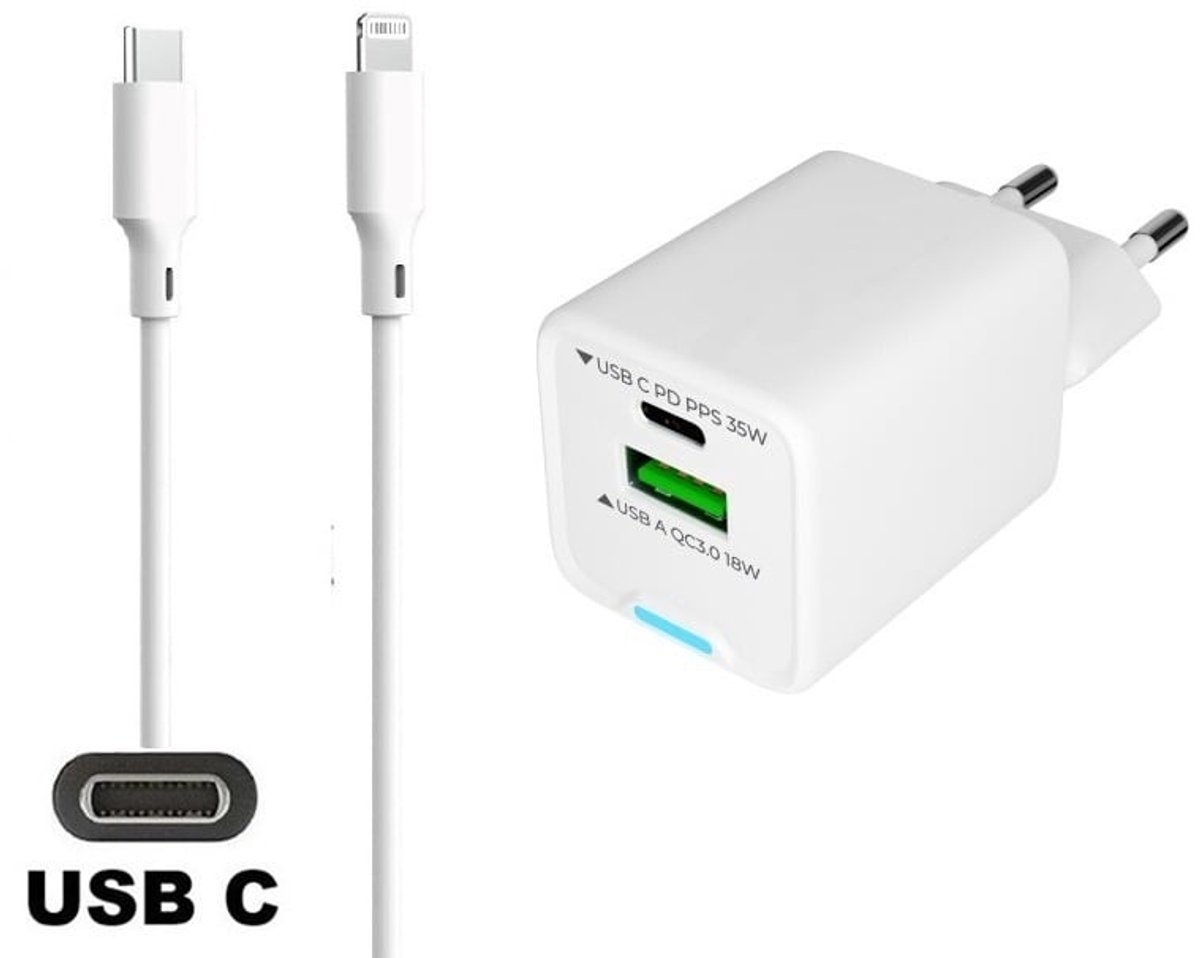 OneOne 35W super snellader met 2 poorten en screenprotector van glas voor iPhone 12 + 1,5m USB C naar Lightning kabel. PD lader. Universele oplader adapter. Glazen screenprotector past op Apple iPhone 12