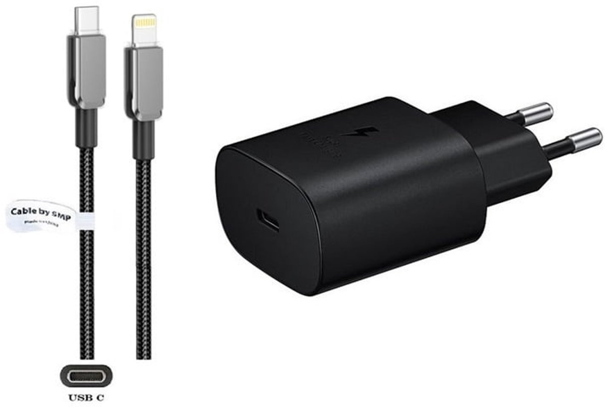 OneOne 25W super snellader en screenprotector van glas voor iPhone 12 + 1,0m USB C naar Lightning kabel. PD lader. Universele oplader adapter. Glazen screenprotector past op Apple iPhone 12