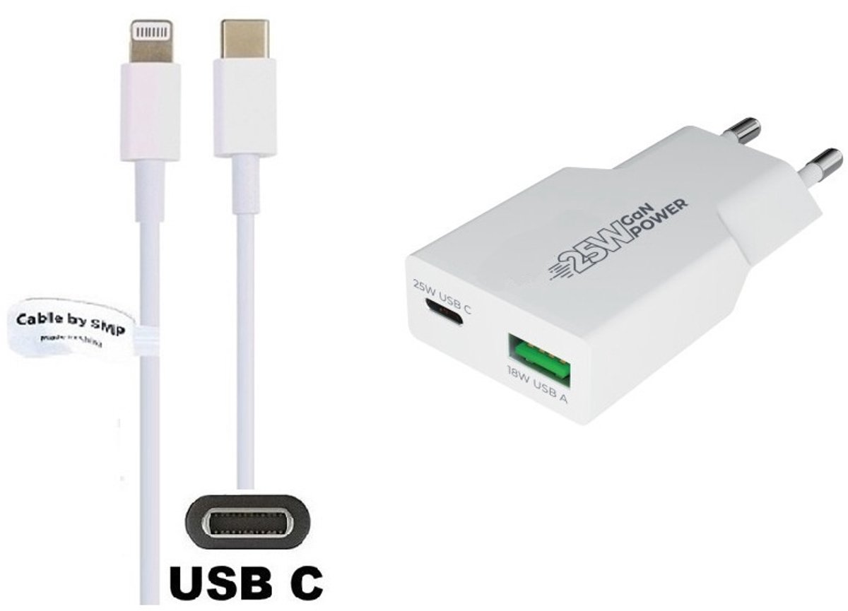 25W super snellader met 2 poorten en screenprotector + 0,95m USB C naar Lightning kabel. PD PPS lader. GaN oplader adapter. Glazen screenprotector past op Apple iPhone 13 Pro Max & iPhone 14 Plus