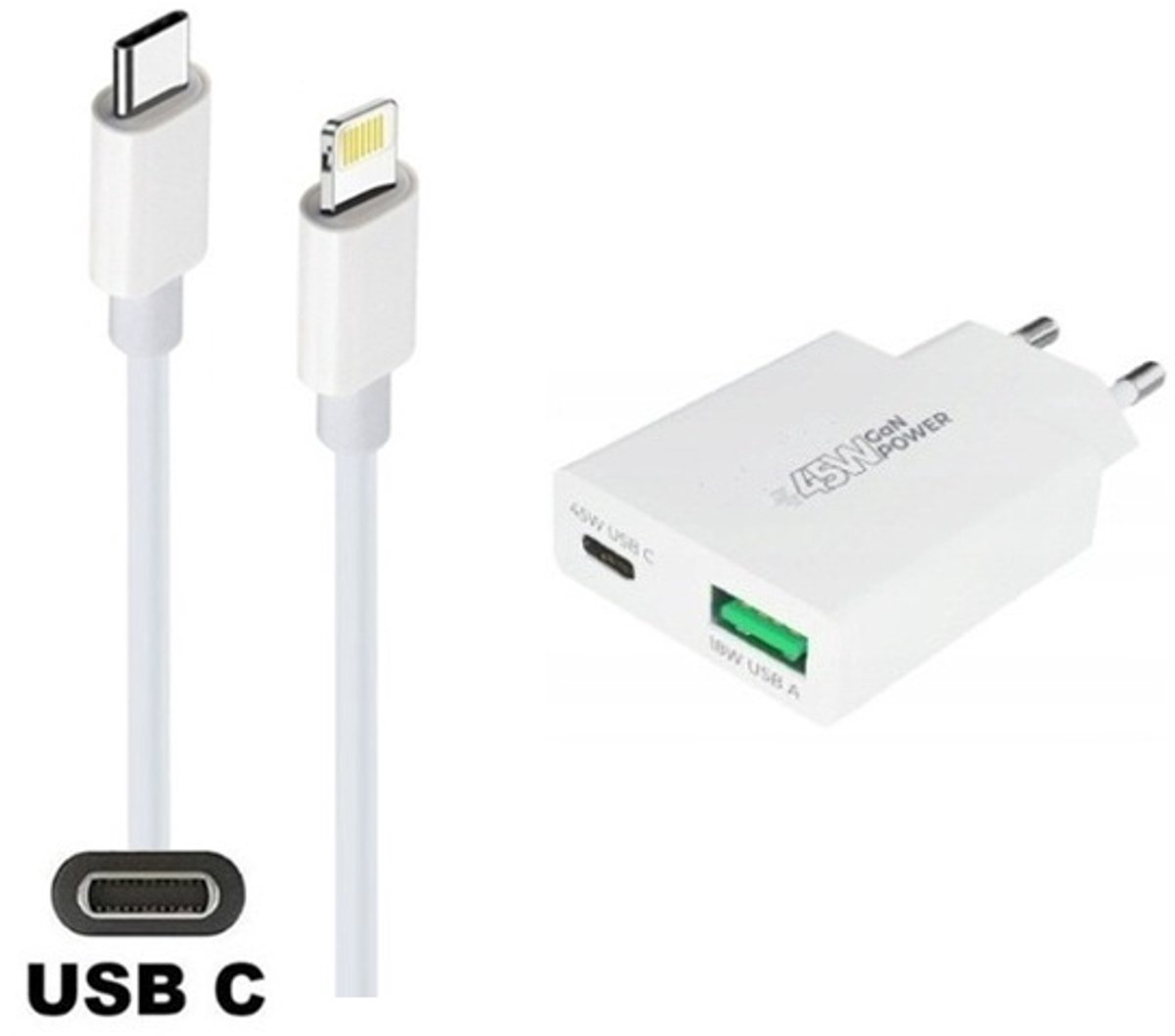 45W super snellader met 2 poorten en screenprotector + 0,95m USB C naar Lightning kabel. Universele PD PPS lader. Compacte GaN oplader adapter. Glazen screenprotector past op Apple iPhone 13 Pro Max & iPhone 14 Plus