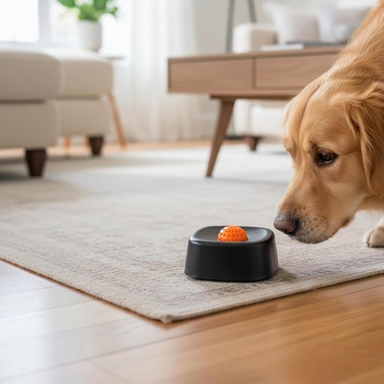 Golden retriever ruikt aan een oranje bal in een zwarte voerbak op een kleed in de woonkamer.