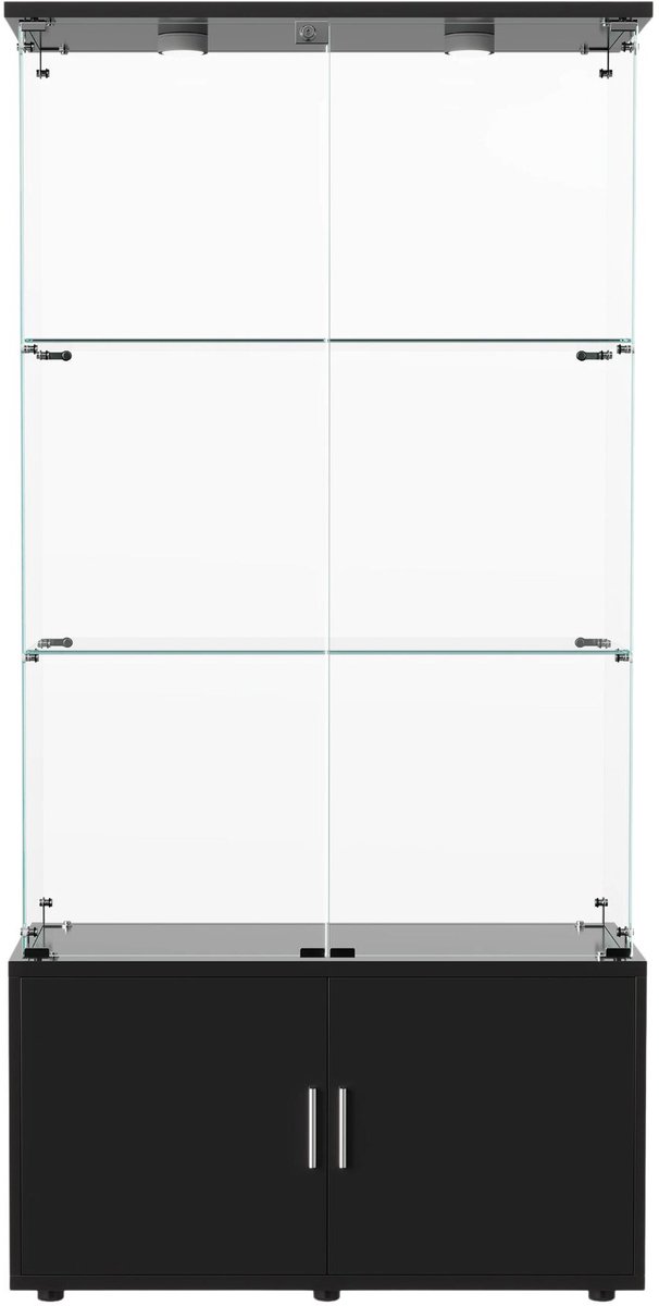 Happiq Glazen Vitrinekast met LED Zwart - 2 Deuren, 3 Planken + Taplicht - 3 Planken, 2 Vergrendelbare Deuren, Houten en Glazen - Verlichting Black