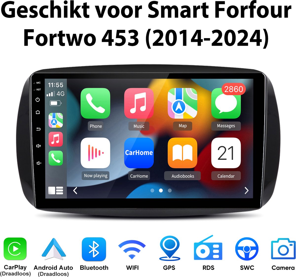 Junsun Android 15 Autoradio Geschikt voor Smart Forfour/Fortwo 453 (2014-2024) - 4GB+64GB - Draadloze CarPlay & Andriod Auto - GPS-Navigatiesysteem - WIFI - Bluetooth - RDS - SWC - 9 inch HD Touchscreen - Plug & Play