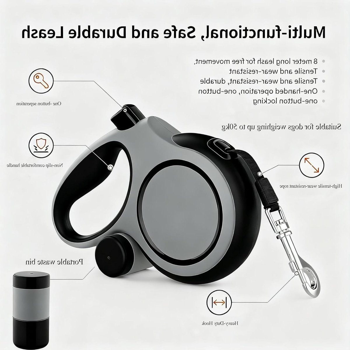 Uitschuifbare Hondenriem - Rollijn Hond - Hond Uitlaten - 360° Klitvrij Mechanisme - 8 Meter - Grijs