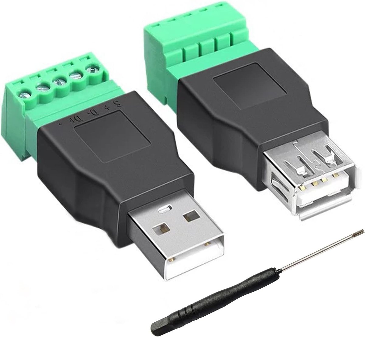 SnelShoppen - Pack van 2 USB 2.0 Schroef Jack, USB Terminal Adapter, Converter, USB 2.0 Type A Stekker & Bus naar 5-Pin Schroef Terminals, Gegevensove