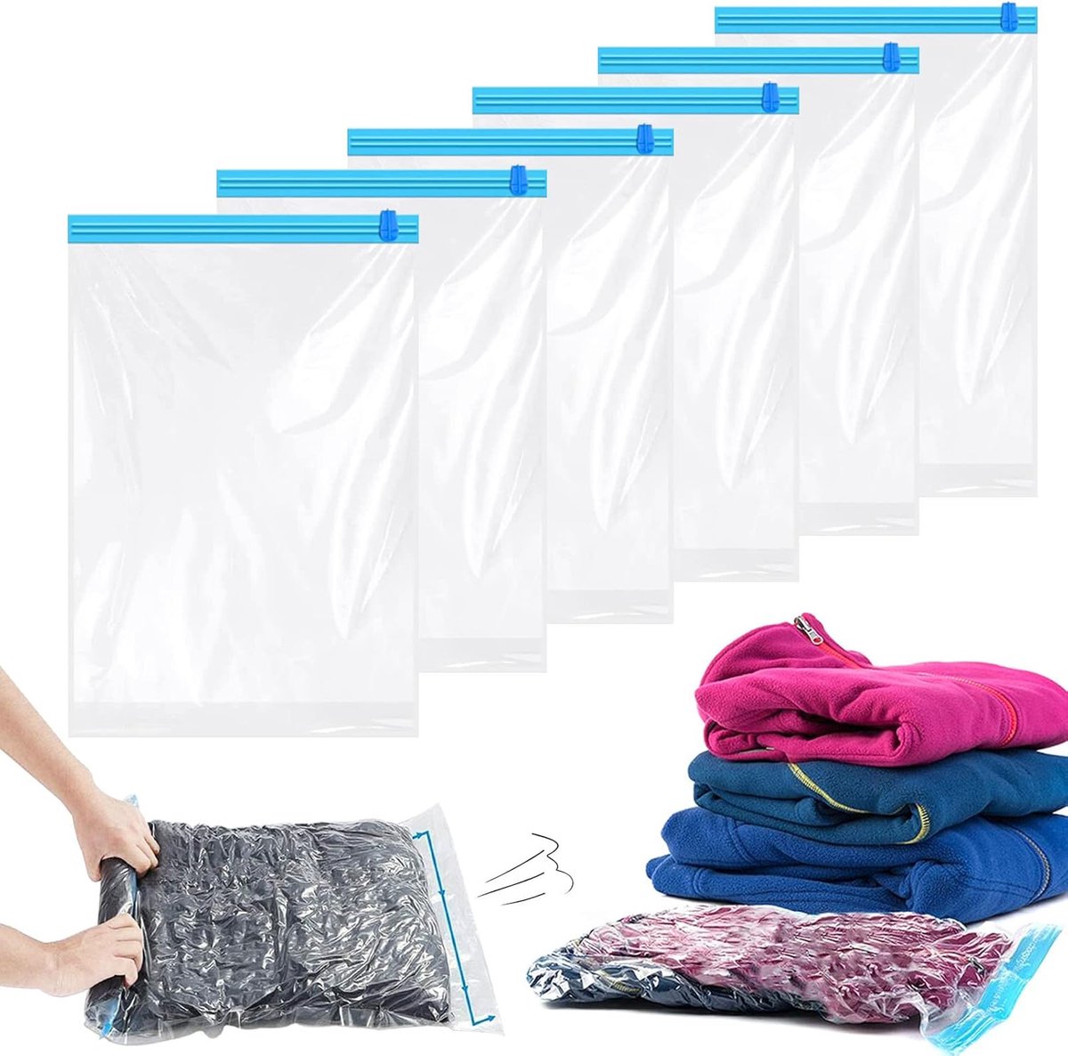 SnelShoppen - Pack van 6 Compressie Tassen voor Kleding, Vacuüm Tassen voor Kleding, Opbergtassen voor Reiskoffers, 60 x 40 cm, Waterdicht en Schimmel