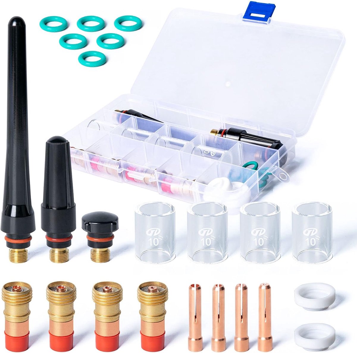 23Pcs TIG Welding Gun Kit Consumables Accessories with Storage Box, Pyrex Glass Cup TIG Back Pet O-Rings Stubby Gas - ShopVlot