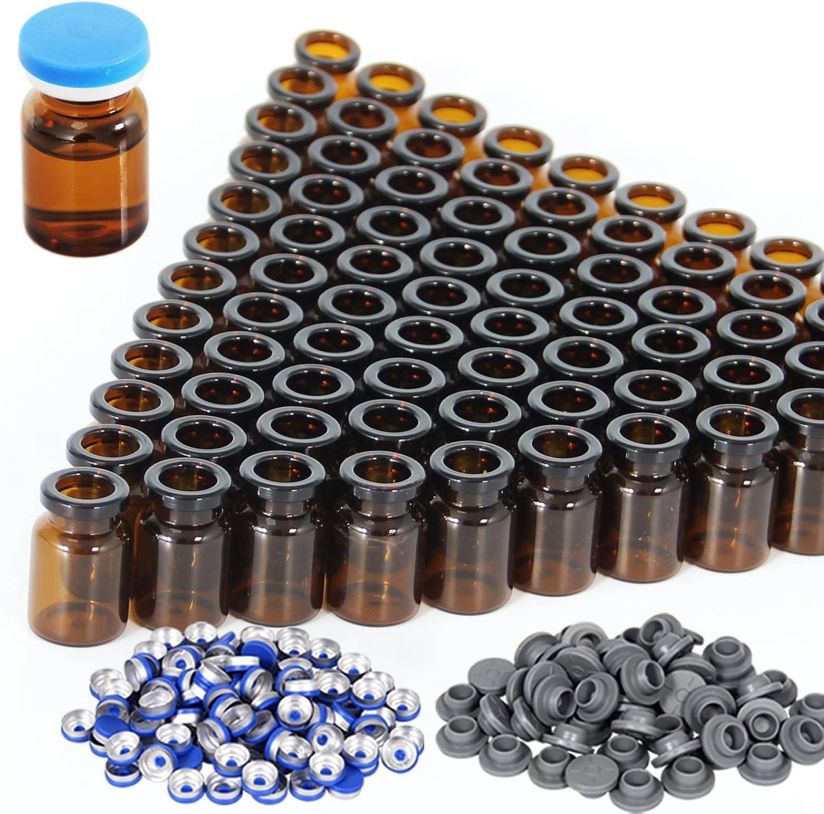 SnelShoppen - 5 ml Amber Glazen Flesjes met Plastic-Aluminium Flip Caps en Rubber Stopper, 100 Stuks, 20 mm Plat Onder, Laboratorium Flessen voor Dive