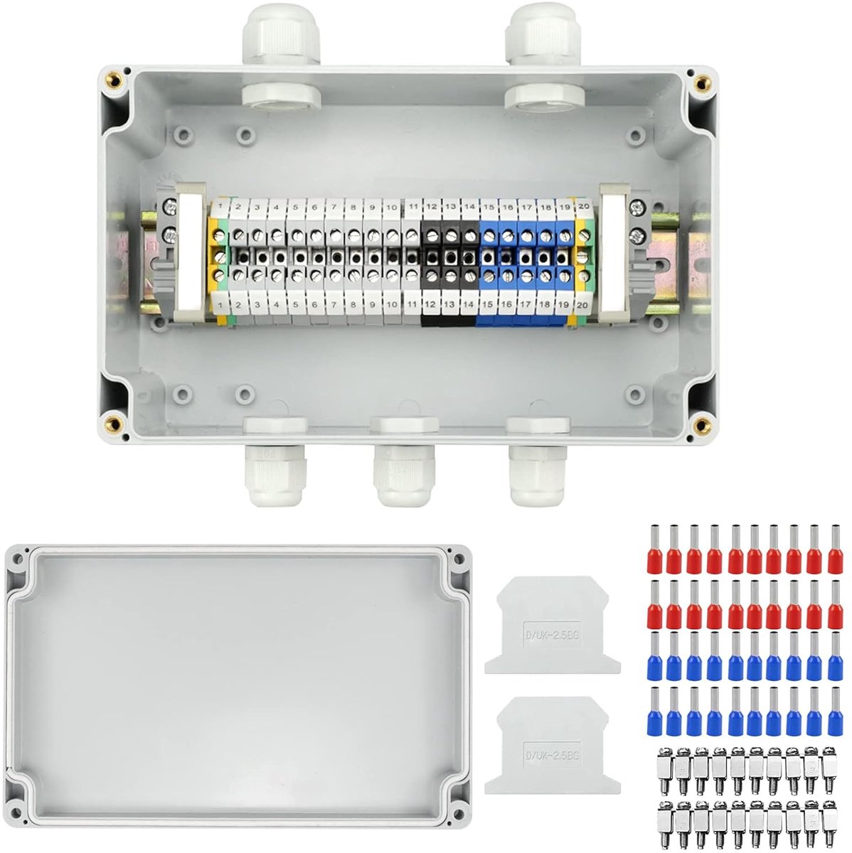 IP66 waterproof electrical junction box with 3 terminals - 2-in-3-out, 200 x 120 x 76 mm, with guide rail and clamps - ShopVlot