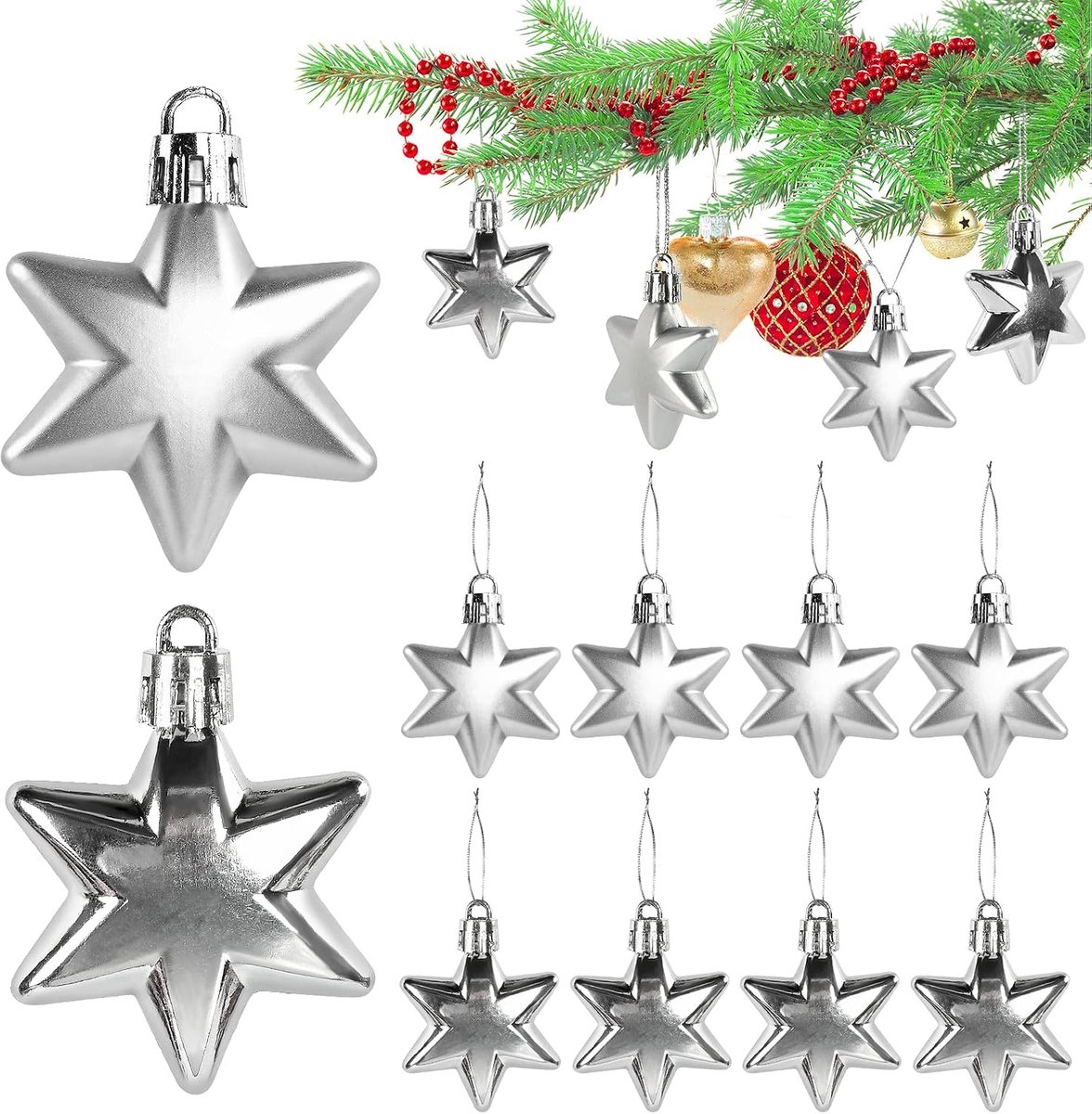 Kerstboomdecoratie 12-delig - Plastic sterren - Zilveren kerstballen - Creëer een feestelijke sfeer - ShopVlot