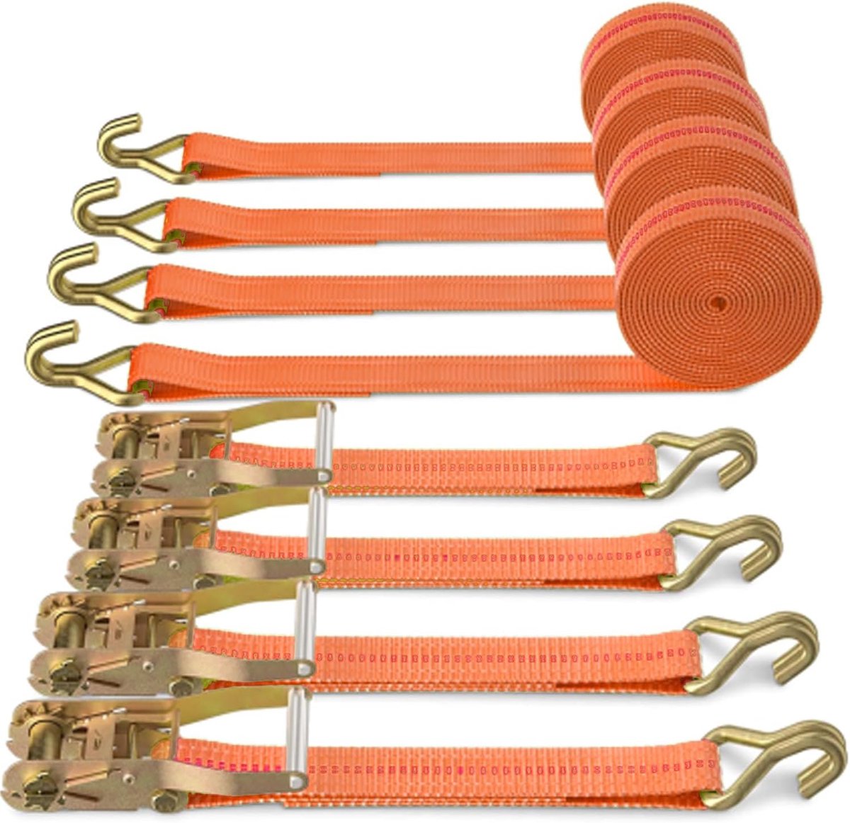 SnelShoppen - 4 Stuks Lashing Straps met Ratchet en Haak Oranje 38mm 6m - Vervaardigd uit Polyester voor Trailer, Motor en Fietsendrager