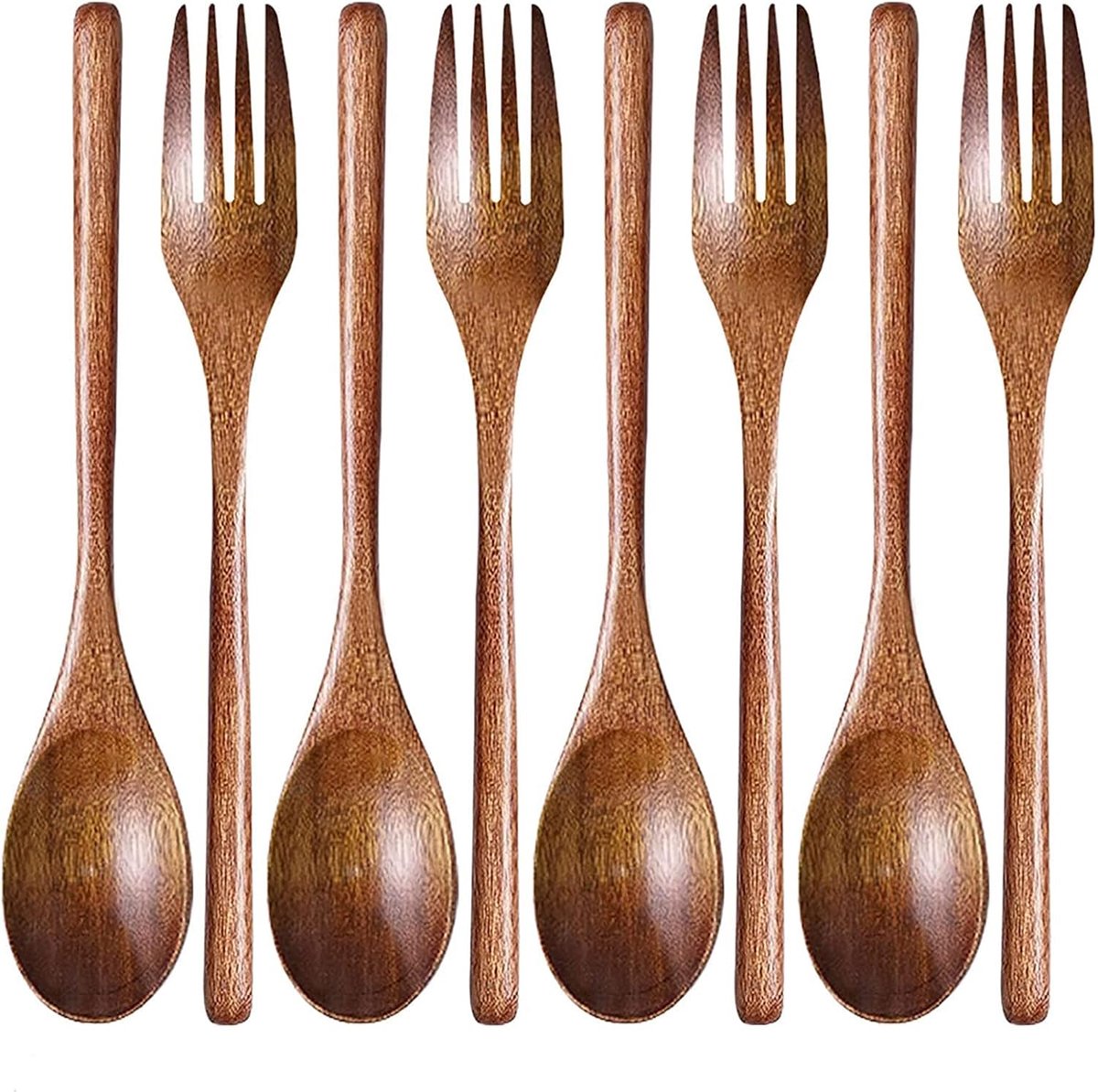SnelShoppen - Houten Soeplepels en Vorken, 6 Stuks Houten Bestek, Keukenaccessoires, Japanse Stijl, Herbruikbaar Bestek voor Camping, Buiten, Koken, D