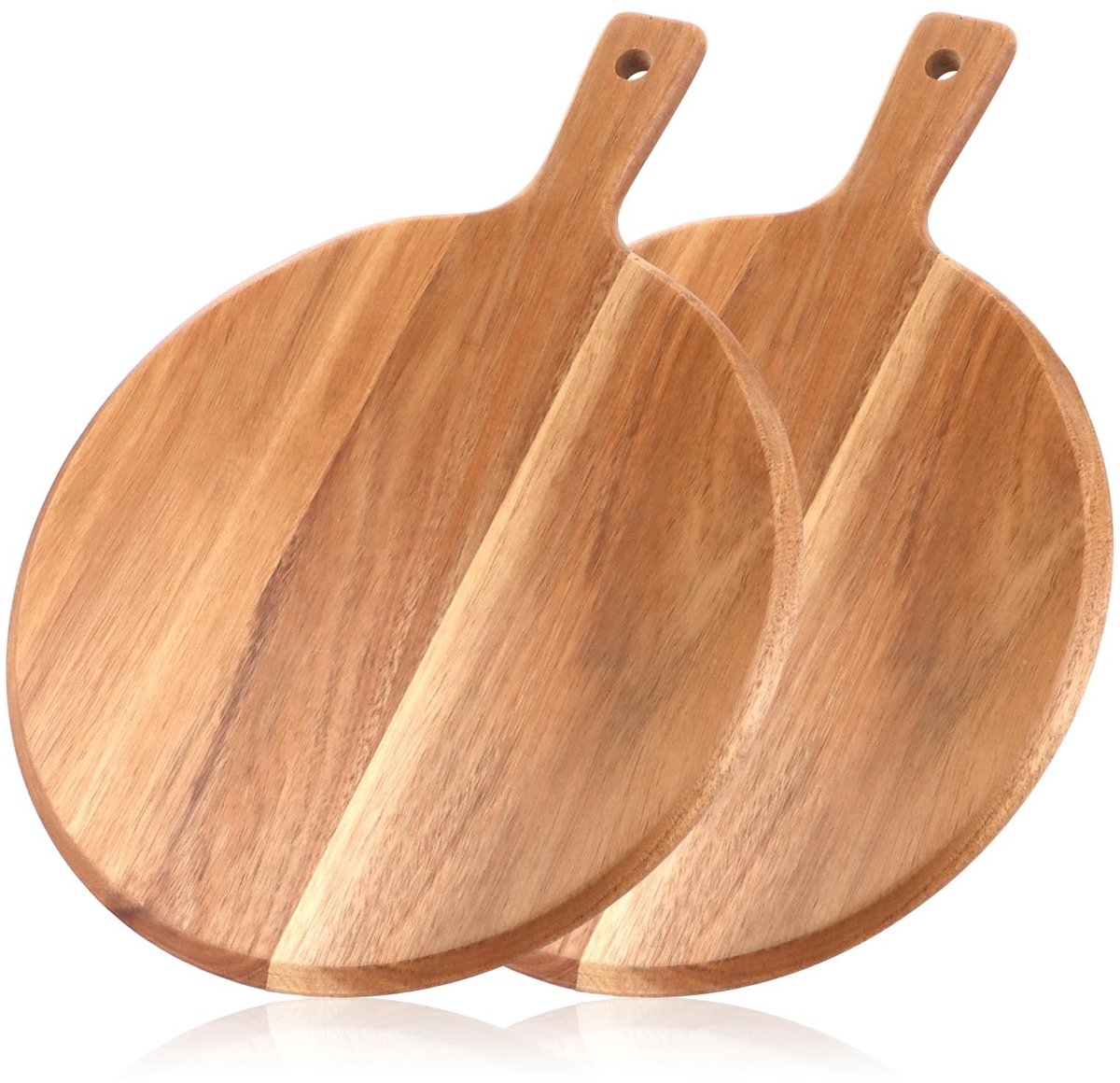 Omgoods- Pizzaborden Set van 2 - Ronde Serveerschaal 30,5 cm - Houten Snijplank met Handvat - Voedselveilig Materiaal - Duurzaam en Robuust - Serveerplank