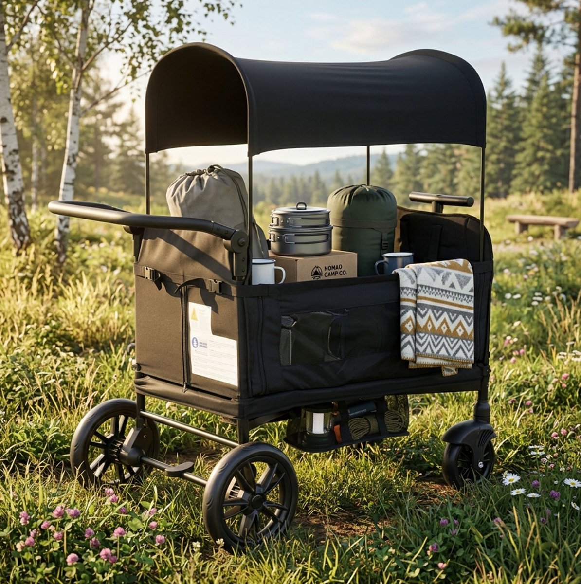 COVREO Kinderwagen 122x66x122 cm zwart, van stof en metaal voor 2 kinderen